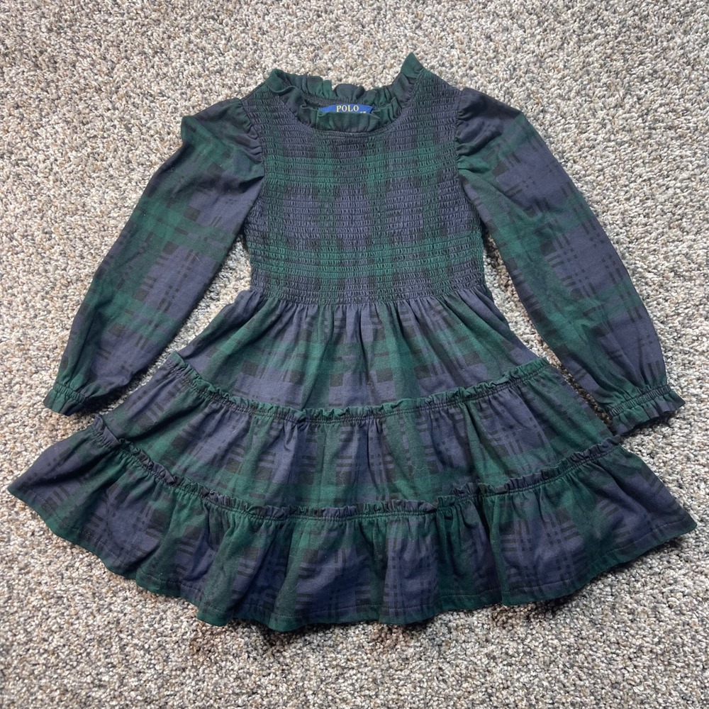Polo Ralph Lauren Girls 3T Dress Black Watch Plaid Smocked Tiered Green Blue